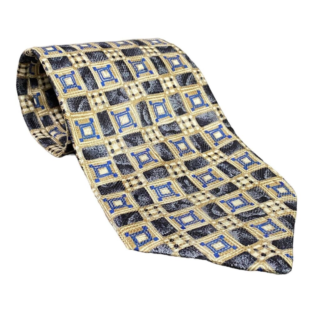 Ermenegildo Zegna Men's Silk Necktie Blue Geometric Handmade‎ In Italy 55” Long